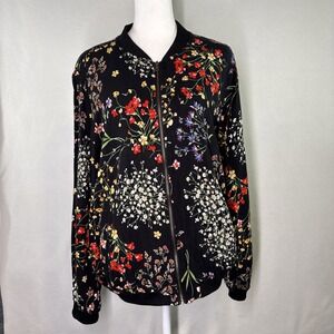 Cynthia Rowley Floral Bomber Jacket Statement Outerwear Core Black ZipUp Sz Med